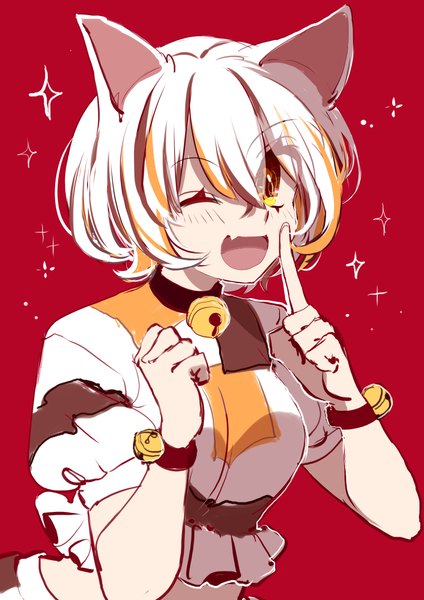 Anime-Bild 3507x4960 mit touhou unconnected marketeers goutokuji mike shocho (shaojiujiu) single tall image looking at viewer fringe highres short hair open mouth simple background hair between eyes animal ears yellow eyes absurdres upper body white hair one eye closed multicolored hair