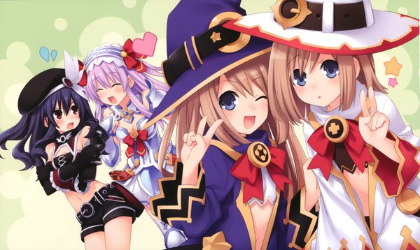 Anime picture 6993x4184 with choujigen game neptune nepgear uni (choujigen game neptune) rom (choujigen game neptune) ram (choujigen game neptune) tsunako long hair looking at viewer blush highres open mouth blue eyes black hair red eyes brown hair wide image multiple girls absurdres purple hair eyes closed
