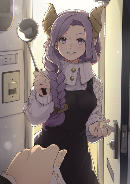 Anime picture 1280x1807 with virtual youtuber honey strap saionji mary 510ksk long hair tall image looking at viewer blush fringe breasts smile standing purple eyes holding purple hair braid (braids) long sleeves parted lips horn (horns) mole