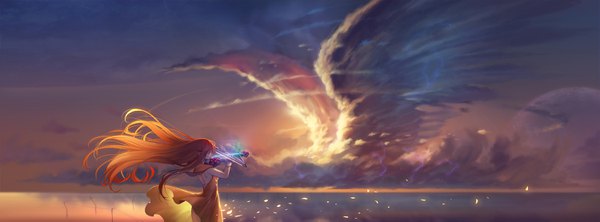 Anime-Bild 3000x1110 mit original diamond dust single long hair highres wide image cloud (clouds) outdoors eyes closed profile wind sunlight orange hair glowing evening sunset gradient hair lightning playing instrument girl