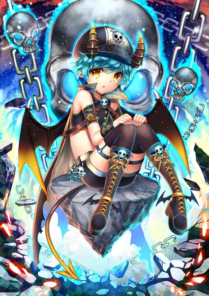 Anime picture 1535x2165 with unleashed black joa tall image looking at viewer short hair sitting yellow eyes blue hair horn (horns) skull print girl thighhighs black thighhighs wings shorts boots chain skull flat cap