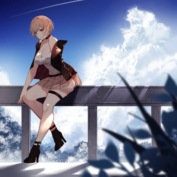 Anime picture 1500x1500 with original kisui single looking at viewer blush fringe short hair breasts light erotic brown hair large breasts sitting brown eyes sky cleavage cloud (clouds) full body bent knee (knees) outdoors parted lips