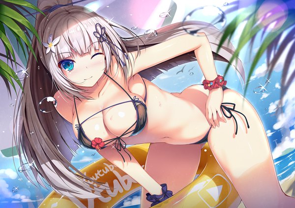 Anime-Bild 1600x1130 mit virtual youtuber itsuki online itsuki touka migumigu single long hair looking at viewer blush fringe breasts light erotic smile large breasts standing payot sky cleavage silver hair cloud (clouds) outdoors