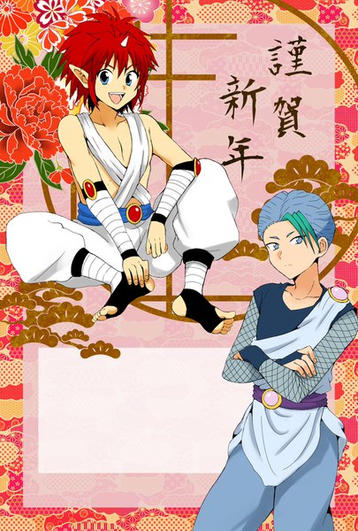 Anime picture 1181x1748 with yu yu hakusho jin kaze tsukai juyo tsukai touya k0roni tall image short hair open mouth blue eyes blue hair red hair multicolored hair horn (horns) pointy ears two-tone hair multiple boys no shoes streaked hair crossed arms oni horns oni