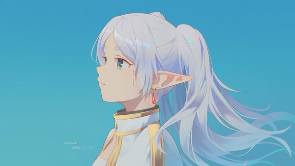 Anime picture 1821x1024 with sousou no frieren frieren holz single long hair highres simple background wide image twintails green eyes looking away silver hair upper body wind pointy ears dated blue background eyebrows elf girl