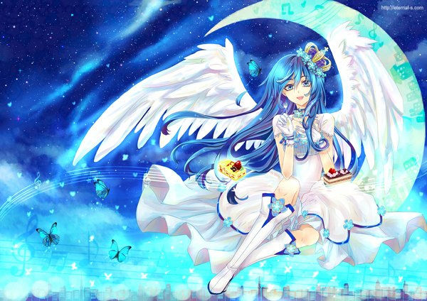 Anime picture 1157x818 with original ten-chan (eternal-s) single long hair open mouth blue eyes smile blue hair cloud (clouds) night night sky angel wings crescent treble clef girl dress gloves wings white gloves white dress
