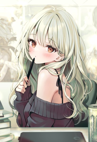Anime picture 837x1228 with original monster energy yugirlpict single long hair tall image looking at viewer blush fringe hair between eyes brown eyes upper body long sleeves nail polish green hair sleeves past wrists wavy hair girl book (books)