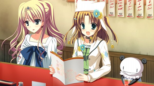 Anime picture 1024x576 with uni. special limited edition (game) long hair open mouth blue eyes blonde hair brown hair wide image multiple girls green eyes game cg girl 2 girls