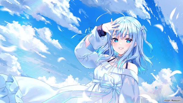 Anime picture 1778x1000 with virtual youtuber indie virtual youtuber amatsuka uto rosuuri single long hair looking at viewer blush fringe highres blue eyes smile wide image standing signed blue hair sky cloud (clouds) ahoge outdoors