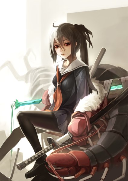 Anime picture 1000x1414 with original crazat single long hair tall image looking at viewer red eyes sitting twintails ahoge pleated skirt grey hair fur trim sheathed giant animal girl skirt uniform ribbon (ribbons) weapon