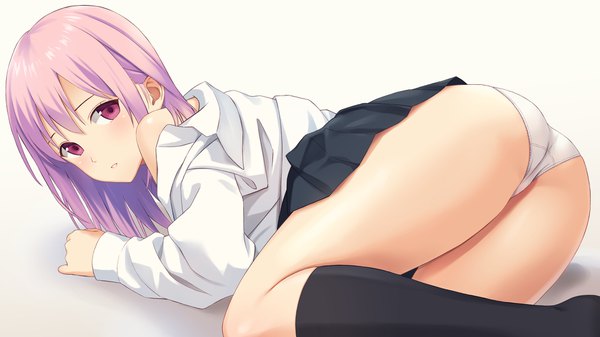 Anime picture 1920x1080 with original n.g. single long hair looking at viewer blush fringe highres light erotic simple background hair between eyes wide image pink hair ass lying parted lips pink eyes on side girl skirt
