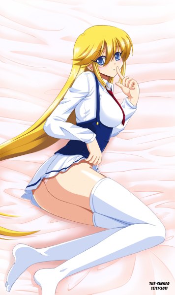 Anime picture 712x1200 with original atlantia aquze (original) the-sinner single tall image blush blue eyes light erotic blonde hair very long hair finger to mouth girl thighhighs uniform school uniform white thighhighs