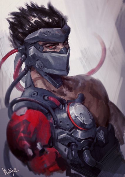 Anime picture 800x1130 with overwatch blizzard entertainment genji (overwatch) blackwatch genji hage2013 single tall image short hair black hair simple background red eyes signed upper body mechanical arms boy mask wire (wires) cyborg