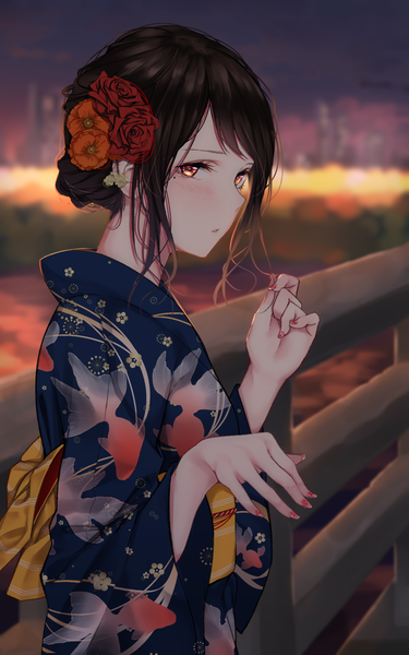 Anime picture 1200x1920 with original saitou (lynx-shrike) single tall image looking at viewer blush fringe short hair black hair payot upper body outdoors nail polish traditional clothes japanese clothes hair flower fingernails blurry mole orange eyes