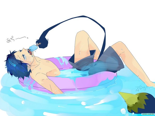 Anime picture 1024x768 with ao no exorcist a-1 pictures okumura rin amaimon blue eyes simple background white background blue hair tail lying green hair pointy ears sweat afloat heat boy hair ornament water food sweets
