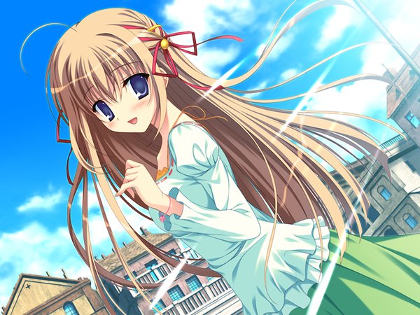 Anime picture 1200x900 with prismrhythm (game) elsterrier marigold tanihara natsuki single long hair looking at viewer blush blue eyes brown hair game cg girl dress ribbon (ribbons) hair ribbon