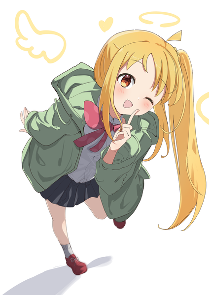 Anime picture 2894x4093 with bocchi the rock! cloverworks ijichi nijika ooho0216 single long hair tall image blush highres open mouth simple background blonde hair standing white background ahoge one eye closed wink open jacket orange eyes standing on one leg