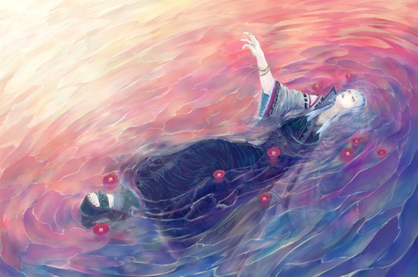 Anime picture 1800x1196 with original jakku single long hair blush highres open mouth silver hair nail polish barefoot lips partially submerged looking up silver eyes afloat multicolored flower (flowers) water bracelet sandals