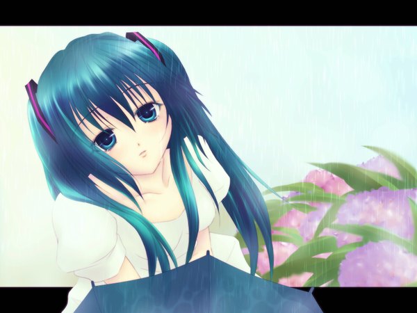 Anime picture 1600x1200 with vocaloid hatsune miku harukaze tsukushi single long hair blue eyes aqua hair tears rain girl flower (flowers) umbrella sundress hydrangea