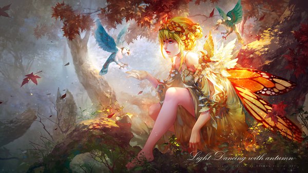 Anime-Bild 2100x1181 mit antilous (anti) single fringe highres breasts blue eyes wide image outdoors barefoot arm up green hair lips bare legs hair bun (hair buns) fantasy insect wings butterfly wings fog girl dress