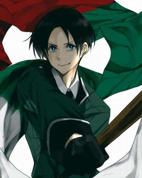Anime picture 720x900 with axis powers hetalia studio deen bulgaria (hetalia) gori single tall image looking at viewer short hair blue eyes black hair simple background smile white background holding payot blurry boy gloves black gloves flag