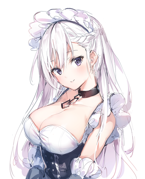 Anime picture 2254x2774 with azur lane belfast (azur lane) umibouzu (niito) single long hair tall image looking at viewer blush fringe highres breasts light erotic simple background smile hair between eyes large breasts white background purple eyes cleavage upper body