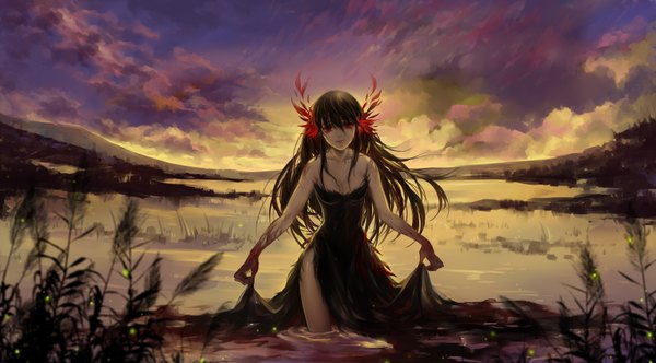 Anime picture 3508x1944 with original huazha01 single long hair looking at viewer highres black hair red eyes wide image cloud (clouds) evening sunset girl dress black dress blood swamp