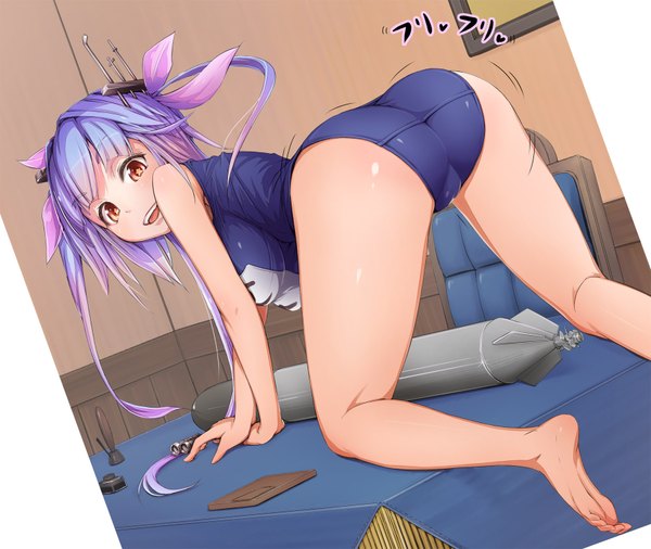 Anime picture 1778x1500 with kantai collection i-19 submarine urigarasu single long hair looking at viewer highres breasts open mouth light erotic smile red eyes twintails bare shoulders purple hair ass barefoot bare legs symbol-shaped pupils on all fours