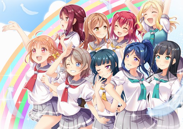 Anime-Bild 1697x1200 mit love live! sunshine!! sunrise (studio) love live! sakurauchi riko tsushima yoshiko watanabe you takami chika kurosawa ruby kurosawa dia matsuura kanan kunikida hanamaru ohara mari motoasaco blush fringe open mouth blue eyes black hair blonde hair smile