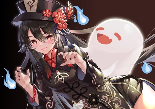 Anime picture 4093x2894 with genshin impact hu tao (genshin impact) boo tao (genshin impact) kikimi single long hair blush fringe highres black hair simple background hair between eyes red eyes absurdres nail polish traditional clothes black background symbol-shaped pupils chinese clothes black nail polish