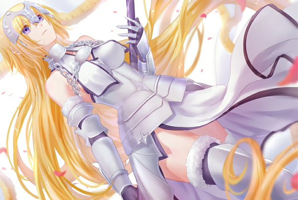 Anime picture 877x590 with fate (series) fate/apocrypha type-moon jeanne d'arc (fate) (all) jeanne d'arc (fate) mitsuki hana single fringe breasts blonde hair purple eyes holding looking away sky cloud (clouds) very long hair wind from below zettai ryouiki girl