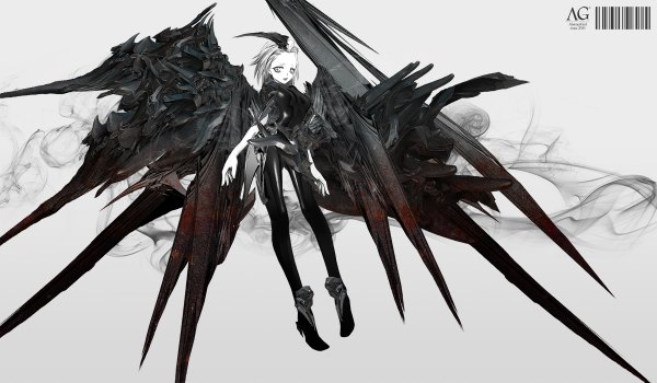 Anime picture 1200x700 with original yuya togashi single looking at viewer short hair wide image white hair grey eyes smoke flying white skin abstract girl wings