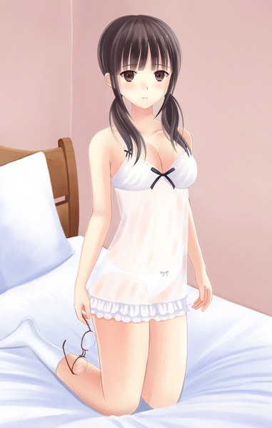 Anime picture 1024x1610 with original megimegyo long hair tall image looking at viewer breasts light erotic black hair twintails brown eyes pantyshot girl socks glasses pillow bed white socks