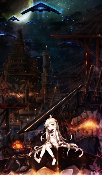 Anime picture 1200x2057 with kantai collection northern ocean hime bae.c single long hair tall image looking at viewer red eyes sitting signed sky ahoge white hair barefoot horn (horns) night teeth loli scenic white skin