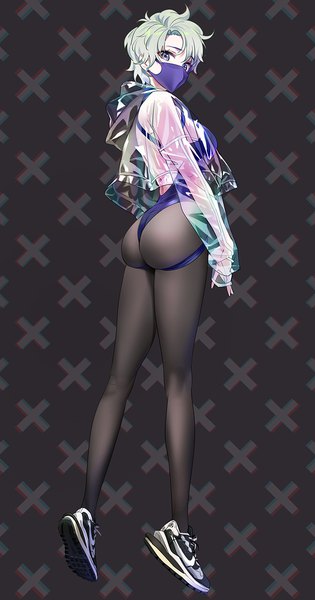 Anime picture 700x1335 with original yd (orange maru) single tall image looking at viewer fringe short hair breasts light erotic simple background standing purple eyes full body ass green hair from behind black background girl earrings pantyhose