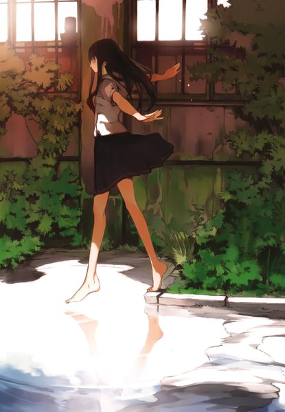 Anime picture 4711x6802 with original houden eizou single long hair tall image highres brown hair absurdres eyes closed profile barefoot reflection spread arms girl plant (plants) water serafuku