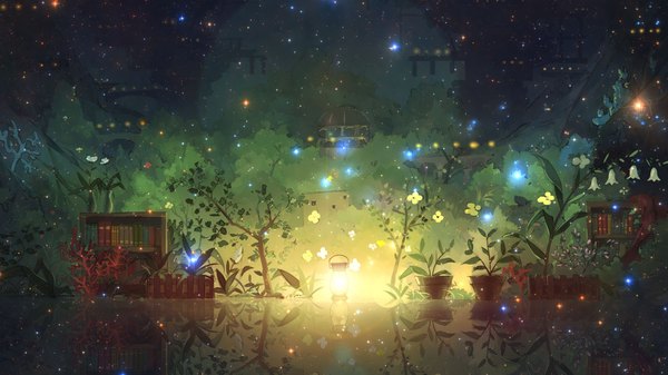 Anime picture 1920x1080 with original tagme (artist) highres wide image night glowing light reflection no people flower (flowers) plant (plants) tree (trees) water book (books) insect butterfly bell fence shelf splashes