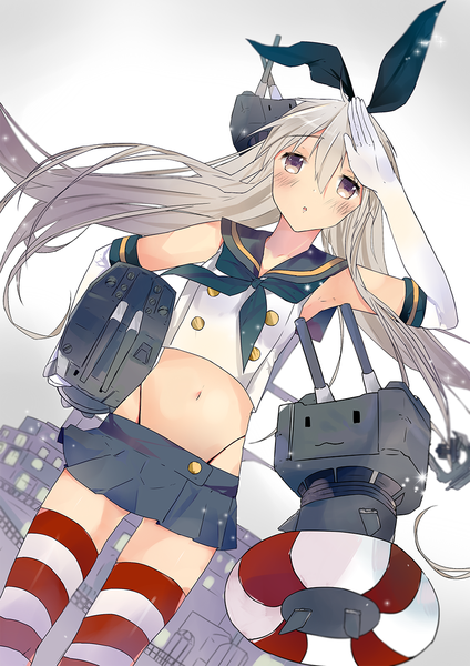 Anime picture 879x1243 with kantai collection shimakaze destroyer rensouhou-chan shutun single long hair tall image blush open mouth hair between eyes purple eyes grey hair dutch angle salute girl thighhighs skirt gloves bow hair bow