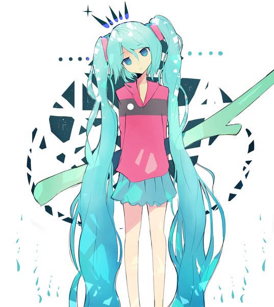 Anime picture 1700x1900 with vocaloid hatsune miku inddeed single tall image looking at viewer blue eyes white background twintails very long hair aqua hair girl skirt crown hoodie vegetables leek