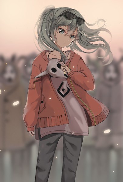 Anime picture 1378x2039 with vocaloid suna no wakusei (vocaloid) hatsune miku z z single long hair tall image looking at viewer twintails holding head tilt aqua eyes wind blurry aqua hair open jacket sunglasses on head girl earrings jacket