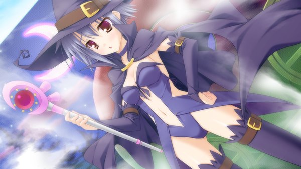 Anime picture 1920x1080 with canvas 4 (game) shinonome anzu dp minase (artist) highres short hair wide image brown eyes blue hair game cg cosplay girl witch hat