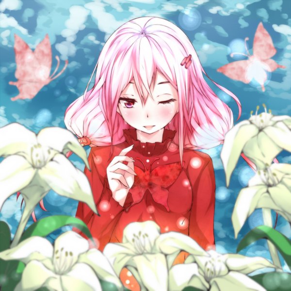 Anime picture 1500x1500 with guilty crown production i.g yuzuriha inori amatsuki hotaru single long hair blush open mouth red eyes pink hair one eye closed wink girl hair ornament flower (flowers) hairclip insect butterfly