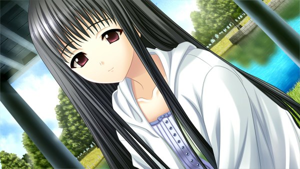 Anime picture 1280x720 with morobito kozorite (game) single long hair black hair red eyes wide image game cg girl