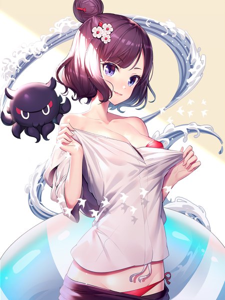 Anime picture 900x1200 with fate (series) fate/grand order katsushika hokusai (fate/grand order) tokitarou (fate/grand order) ririko (zhuoyandesailaer) single tall image looking at viewer blush fringe short hair breasts open mouth blue eyes light erotic simple background smile large breasts standing bare shoulders