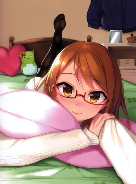 Anime picture 1407x1901 with idolmaster idolmaster cinderella girls houjou karen yuki usagi (mofurafu) single tall image looking at viewer blush short hair brown hair brown eyes lying girl pantyhose glasses pillow bed sweater