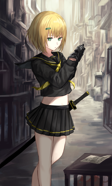 Anime picture 965x1595 with original kaze minoru so-ru single tall image fringe short hair blonde hair standing green eyes looking away outdoors pleated skirt sunlight blurry bare legs midriff city cityscape sheathed adjusting gloves