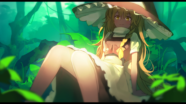 Anime picture 2560x1440 with touhou kirisame marisa jandy single long hair looking at viewer highres blonde hair wide image yellow eyes braid (braids) witch girl skirt plant (plants) hat witch hat skirt set