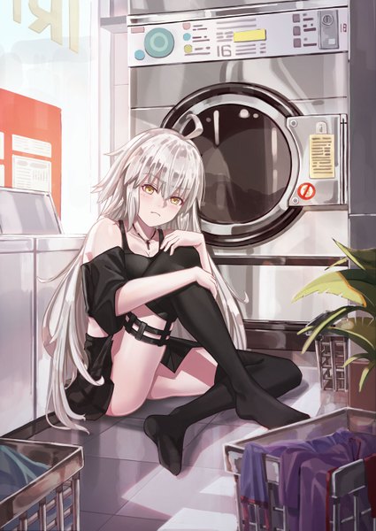 Anime picture 1063x1500 with fate (series) fate/grand order jeanne d'arc (fate) (all) jeanne d'arc alter (fate) whitecrow4444 single long hair tall image looking at viewer blush fringe light erotic hair between eyes sitting yellow eyes silver hair full body ahoge indoors off shoulder