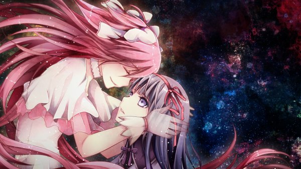 Anime picture 1600x900 with mahou shoujo madoka magica shaft (studio) akemi homura kaname madoka goddess madoka nyaroro (artist) long hair black hair wide image purple eyes multiple girls pink hair eyes closed face to face girl dress gloves ribbon (ribbons) 2 girls hair ribbon