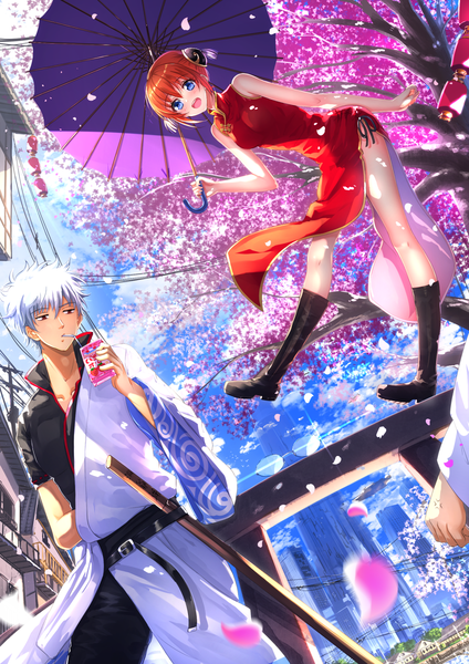 Anime picture 1102x1560 with gintama sunrise (studio) sakata gintoki kagura (gintama) swordsouls tall image looking at viewer blush short hair open mouth blue eyes looking away sky cloud (clouds) white hair red hair traditional clothes orange hair cherry blossoms chinese clothes